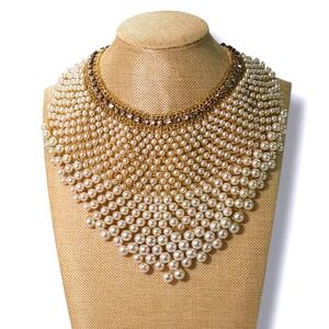 Vintage Faux Pearl Bib Necklace Rhinestone Collar Statement Bridal Formal OS